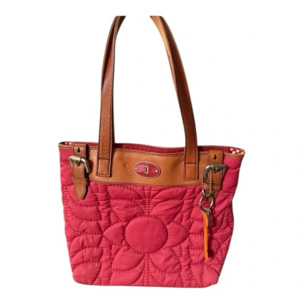 Fossil Red Floral Quilted Tote Bag Leather Trim Cottagecore Coquette